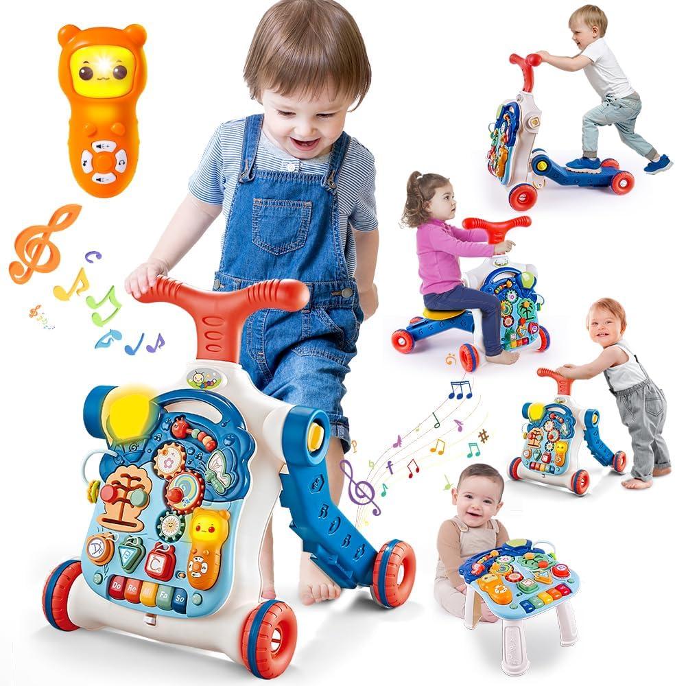5 in 1 Baby Walker Sit-to-Stand Toys, Learning Walker for Boys Girls Toddler, Multifunctional Educational Activity Center Removable Play Panel, Push Walker Toys Gifts for Infant 6-18 Months