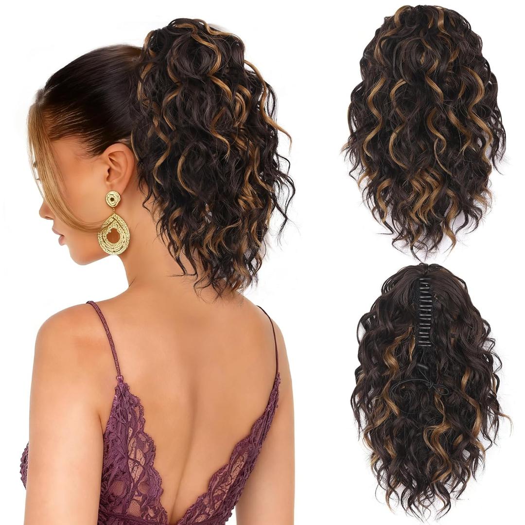 Clip on Ponytails for Women - 12 Inch Curly Ponytail Extension, Curly Pony Tails Hair Extensions, Synthetic Clip in Ponytail Hair Extensions (Color: Dark Brown with Honey Blonde Highlights)