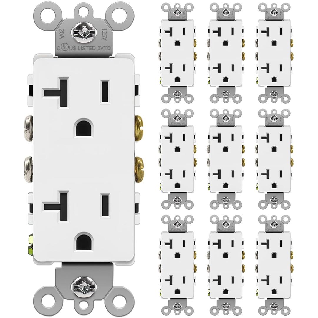 BESTTEN 10 Pack 20 Amp Decorator Wall Receptacle Outlet, Non-Tamper-Resistant, 20A/125V/2500W, Residential and Commercial Use, UL Listed, White