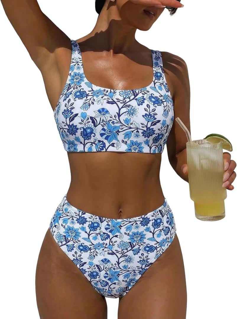 ZAFUL Women's High Waisted Swimsuit Scoop Neck Textured Floral Bikini Set 2 Piece Bathing Suit (Brown)
