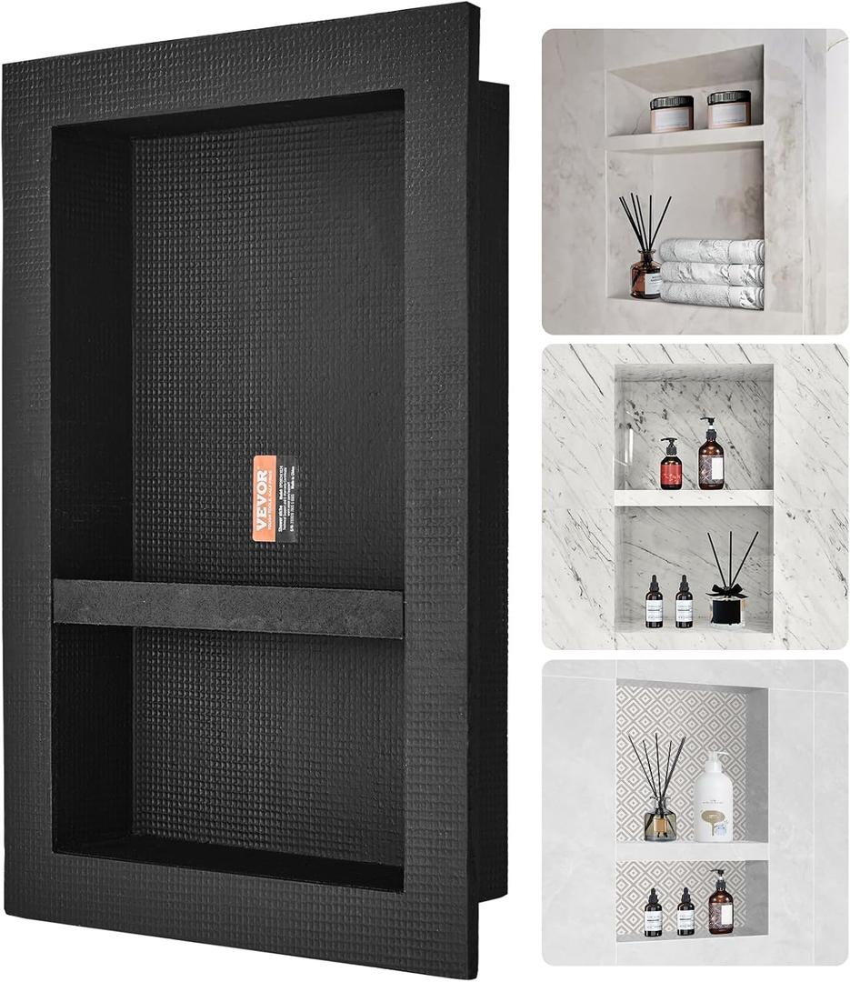 VEVOR Shower Niche Ready for Tile 16" x 24", Double Shelf Organizer, Square Corners Wall-inserted Niche Recessed, Sealed Protection Modern Soap Storage Niche for Shower Bathroom, Black