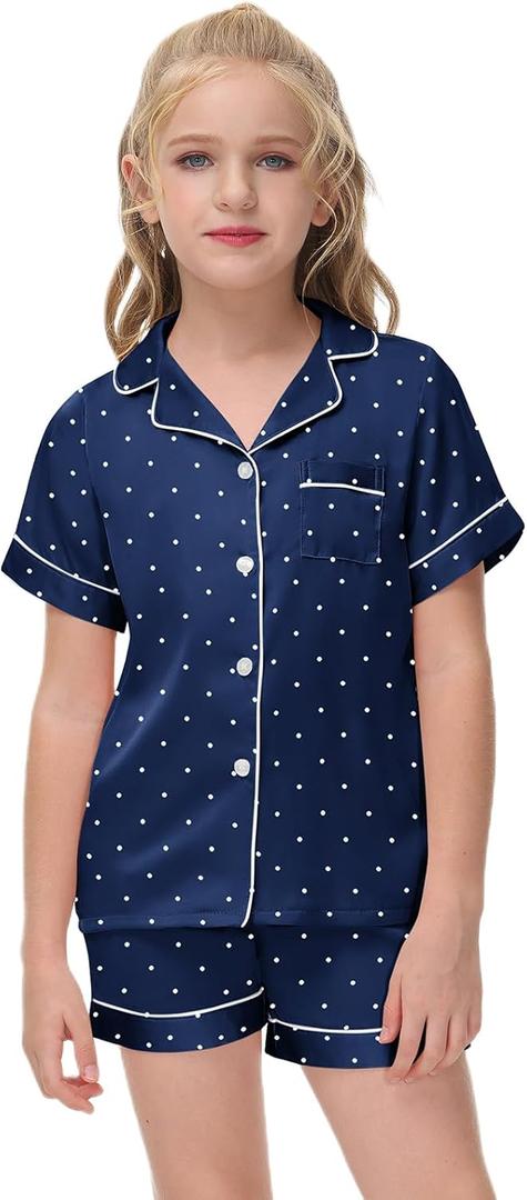 Veseacky Classic Silk Nightwear for Little Girls Notch Collar Button Down Satin 2 Piece Pajama Set (Navy Blue Dots,size 6)