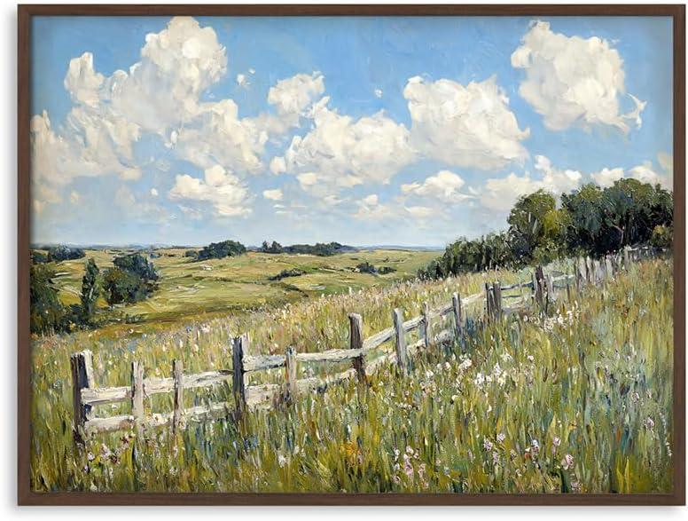 Vintage Spring Country Meadow Landscape Oil Painting Canvas Art Print, 32"x24", Framed, Ready to Hang - Impressionist Wildflower Field Wall Art for Farmhouse Decor in Living Room, Bedroom, Office (Whispering Wilderness)
