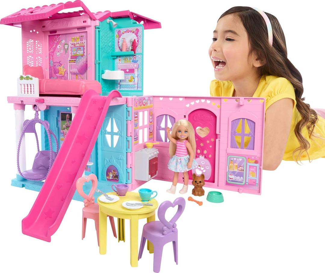 Barbie Chelsea Toy Dollhouse with 15+ Accessories, Pop-Up House Expands to 17+ x 13+ inches with 5 Play Areas & Slide, Includes Small Doll & Pet Dog, 8.5 X 9.3 Inches to 17 X 13 Inches