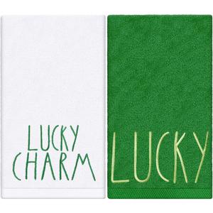 JarThenaAMCS 2 Pack St. Patrick's Day Hand Towel Cotton Embroidered Lucky Charm Bathroom Towel White Green Dish Towel for Irish Party Hand Drying Cleaning Cooking, 29.5 x 13.7 Inch