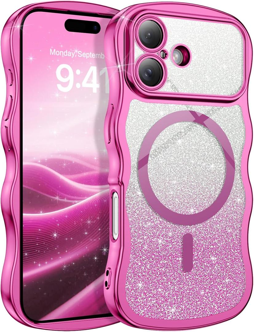 BENTOBEN for iPhone 17 Case Clear, [Compatible with MagSafe][Full Camera Protection][Cute Wave Frame][DIY Glitter Cardstock] Electroplated Wavy Shockproof 17 Phone Case 6.3" for Women, Hot Pink