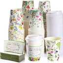 Remerry 100 Pcs 12oz Floral Disposable Coffee Cups with Lids and Sleeves Paper Insulated Drink Hot Coffee Paper Cups with Dome Lids and Sleeves for Party Wedding Birthday Baby Shower (Stylish)