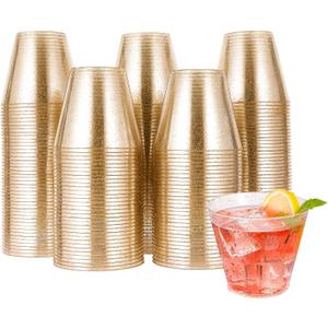 JOLLY CHEF 200 Pack 9 oz Glitter Plastic Cups, Disposable Gold Cups, Clear Plastic Tumblers for Wedding, Thanksgiving, Christmas Party