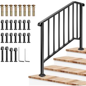 VIVOSUN Outdoor Handrail, 4 Step Stair Handrail, 54" x 36" Fits 1 to 4 Steps, Wrought Mattle Iron Stair Railing with Curved End and Balusters for Concrete Step, Porch Steps, One-Step Assembly, Black