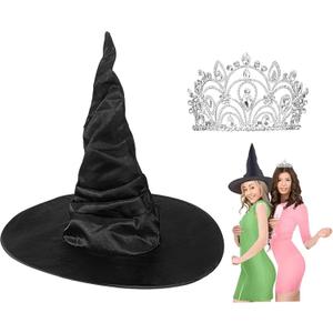Witch Hat and Princess Crown Set Halloween Cosplay Accessories Queen Crown and Black Wizard Hats for Pink Green Party Favors Birthday Dress up Costume