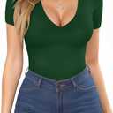 MANGOPOP Womens Deep V Neck Short Sleeve Slim Fit T Shirt Tops Tee (Large)