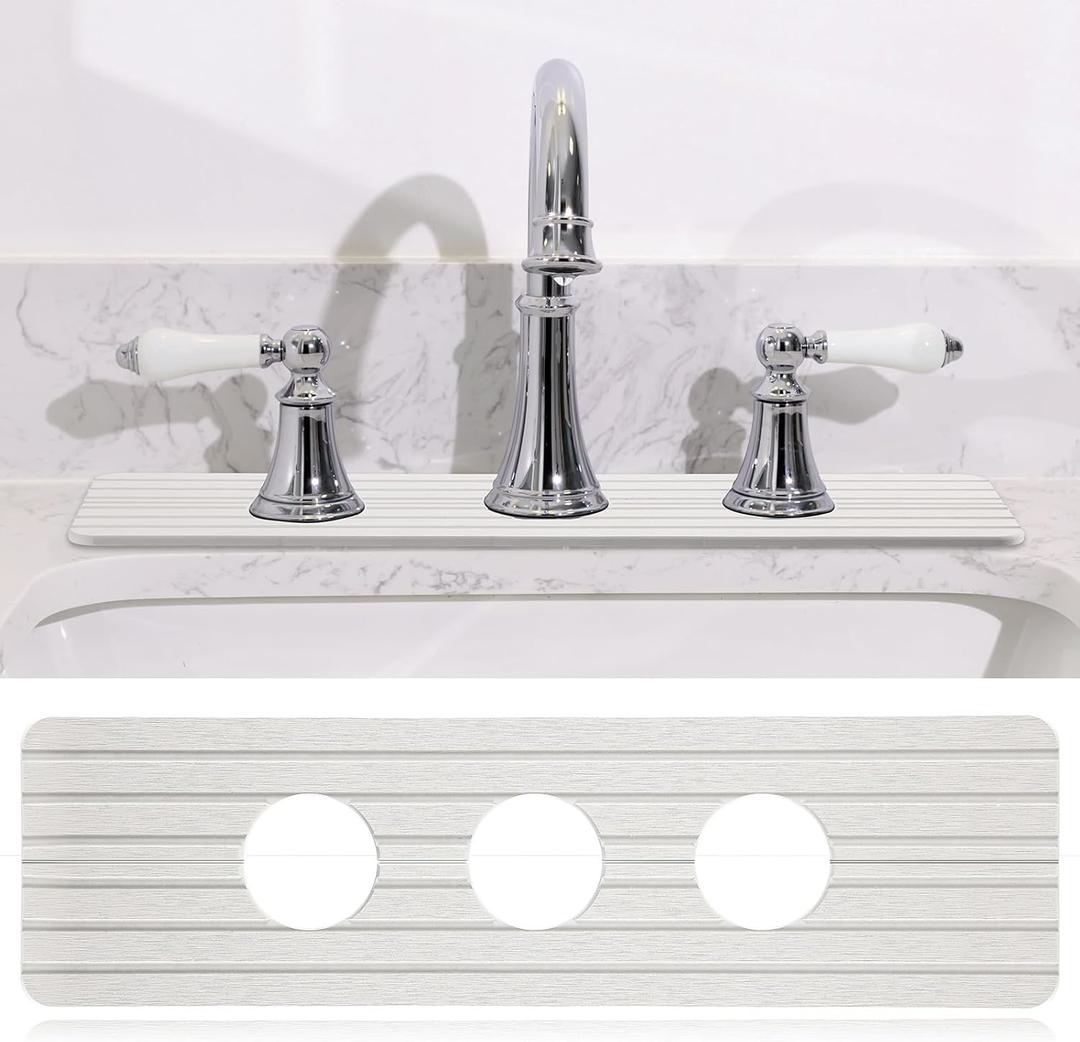 3 Hole Faucet Mat for Kitchen Sink 16.1" x 5" Kitchen Faucet Absorbent Mat Diatomite Splash Guard for Sink Quick Drying Stone Drip Catcher for Bathroom Counter (White)