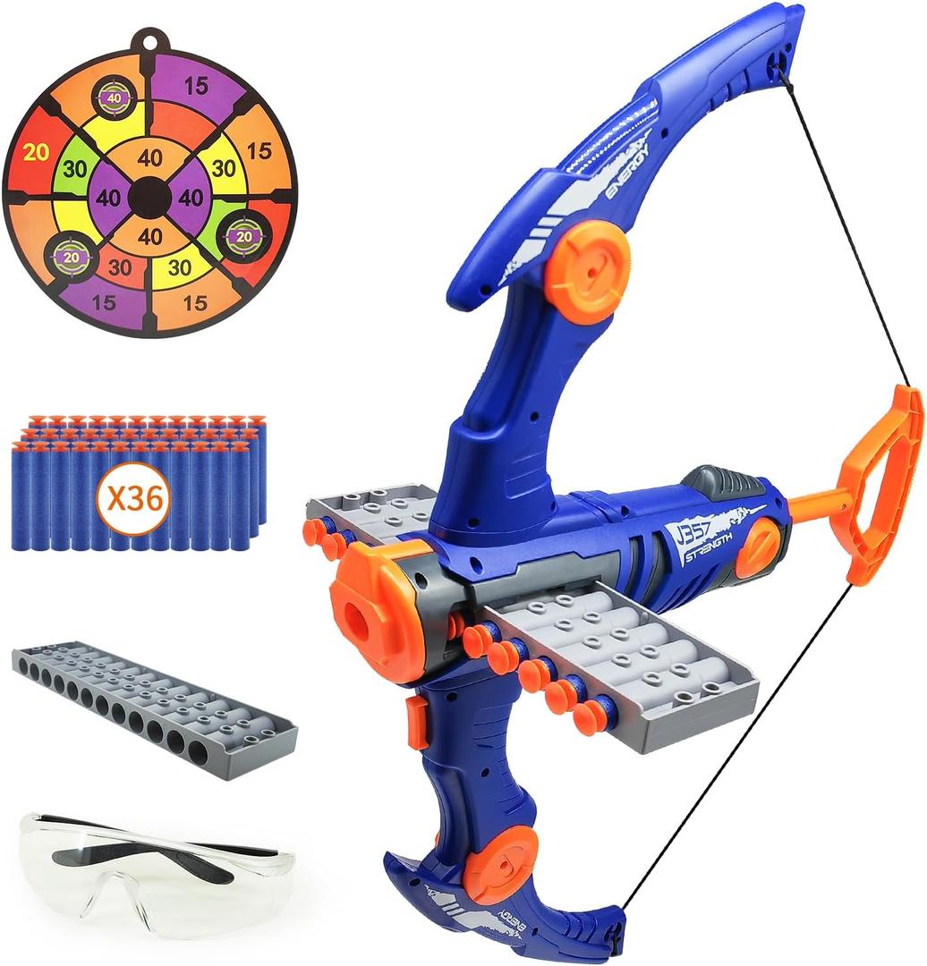 Toy Bow and Arrow for Nerf  Bullets, 12-Dart Clip Shot Foam Bullet Toy Archery Set with 36 Foam Darts 1 Goggle and Target, Birthday Gifts Party Game (Blue)