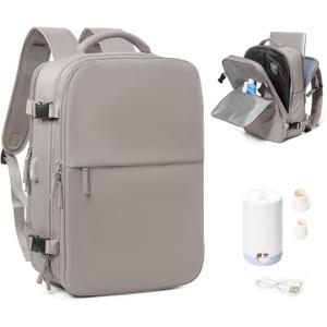 Vacuum Seal Compression Travel Backpack for Women Men Airback Vacpack Travel Vacuum Bags with Pump Laptop Backpack with Shoe Compartment Carry On Suitcase Luggage Flight Approved Grey Brown