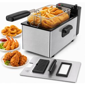 Simple Deluxe 3L 1500W Electric Deep Fryer, Viewing Window Lid and Cool-Touch Handle, 4 Temp Settings, Removable Basket, Auto Cut Off Safety Design, Stainless Steel Parts with Dishwasher-Safe, Silver