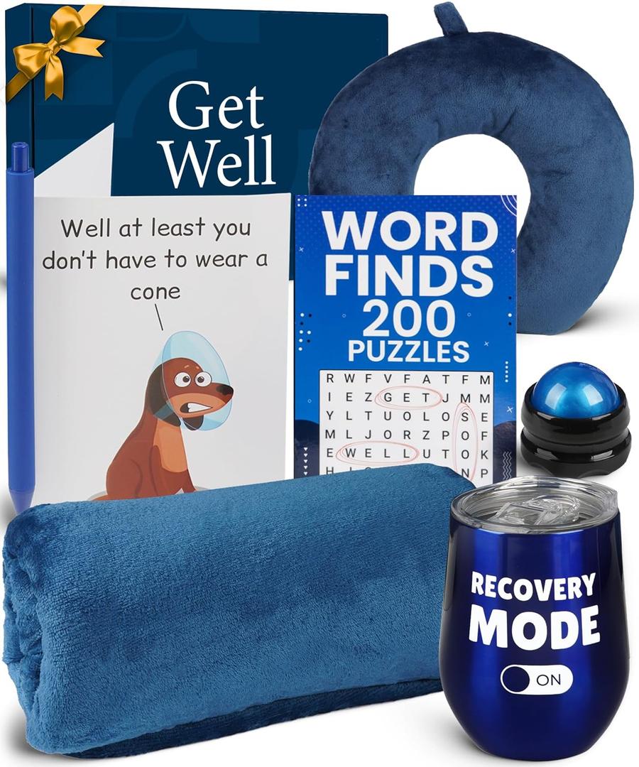 Get Well Soon Gift Basket for Men  Recovery & After Surgery Care Package - Neck Pillow, Plush Blanket, Insulated Tumbler, Massage Roller, Puzzle Book, Funny Card, Pen