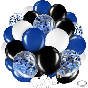 Sratte 60 Pcs 12 Inch Balloons Kit Confetti Latex Metallic Balloons with 2 Rolls Ribbon Party Favor for Memorial Day, Birthdays, Back to School, Halloween Decorations(Black, Blue, White)
