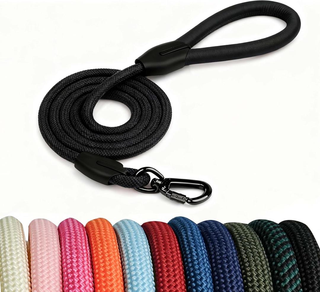 Rope Dog Leash, |Comfortable Leather Handle, Resistant to Dirt and bite | Strong Nylon Pet Lead for Small, Medium, Large Dogs (Black, 5 FEET)