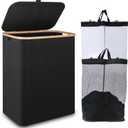 iEGrow 150L Laundry Basket with Lid,Large Laundry Hamper with Bamboo Handles, Hampers for Laundry, Dirty Clothes Hamper with 2 Removable Inner Bags for Clothes Toys Towels,Black