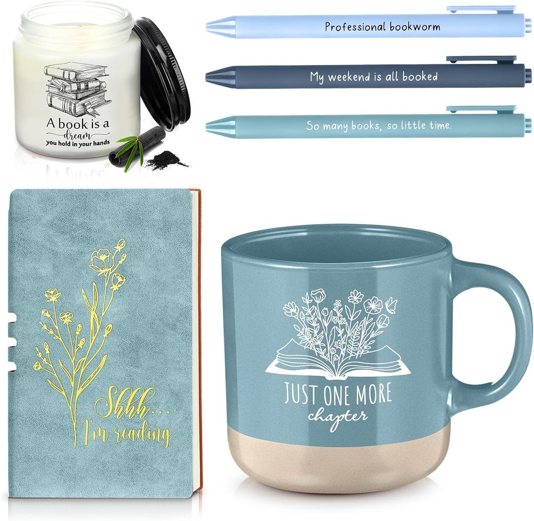 Baderke Book Lover Gifts for Women Men 6 Pcs Bookish Reading Accessories A6 Notebook Ballpoint Pen Ceramic Cup Candle Book Club Gift for Bookworm Reader Librarian Teacher(Blue)
