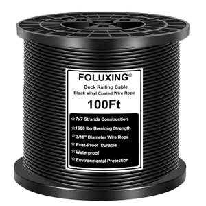 100FT 3/16" Black Vinyl Coated Wire Rope, Black Aircraft Cable for Deck Railing/Stair Railing, String Lights Hanging,DIY Balustrades,1/8Inch Overmolded to 3/16 Inch