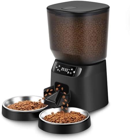 Automatic Cat Feeders for Two Cats, 5L/20 Cups Double Automatic Cat Food Dispenser with 2 Stainless Bowls, Timer Setting 20 Portions 6 Meals Per Day, 10s Meal Call, Pet Feeder for Dog (Black, 5L)
