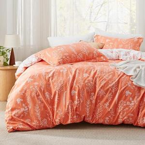 Bedsure King Comforter Set - Coral Orange Bed Set, 3 Pieces Cute Floral Bedding, 1 Soft Reversible Botanical Flowers Comforter and 2 Pillow Shams
