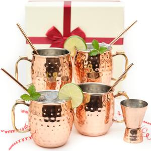 Copper Moscow Mule Mug Gift Set  4 Tarnish-Resistant 19 oz Mugs with Stainless Steel Interior, 4 Straws & Jigger  Ideal for Cocktails, Bars & Gifts