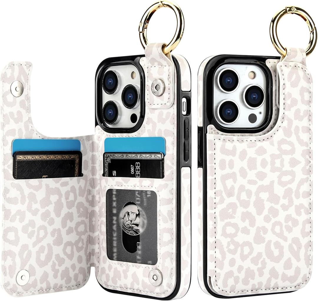 HAOPINSH for iPhone 14 Pro Wallet Case with Card Holder, White Leopard Cheetah Print Back Flip Folio PU Leather Kickstand Card Slots Case, Finger Grip Ring Double Magnetic Clasp Shockproof 6.1"