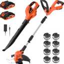 MAXLANDER 20V 12'' Cordless Weed Wacker/Edger and Leaf Blower Combo Kit, 8 Pcs Replacement Spools, 2 x 2.0Ah Batteries & Charger Included, 12'' String Trimmer+leaf Blower Combo