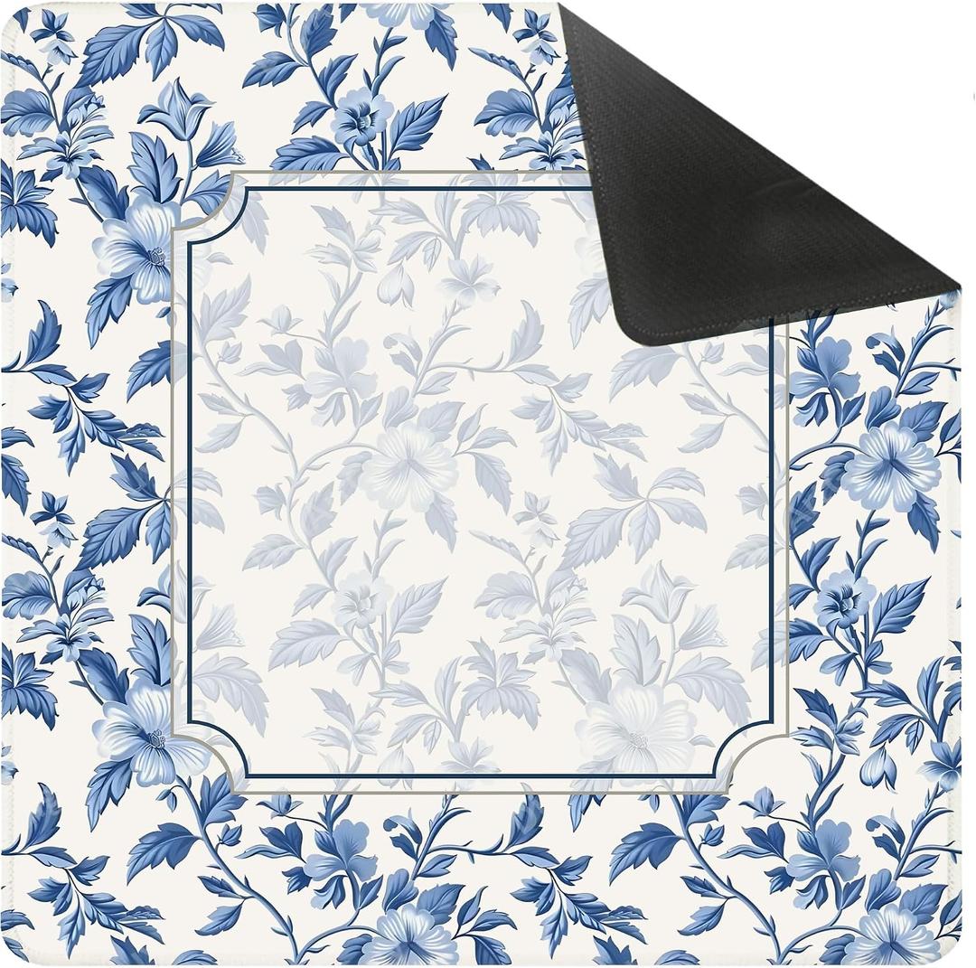 Blue and White Chinoiserie Floral Mahjong Mat for Table 31.5 x 31.5 in, Vintage Blue Oriental Chinese Anti-Slip Mahjong Table Cover Tablecloth for Poker Board Card Tile Game Dominoes