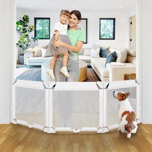 27.5 Inch Tall Foldable Dog Gate Step Over Pet Gate, 27.5"-83" Wide Adjustable Width & Angle Expandable Gate, 3 Panel Foldable Baby Gate Small Dog Gate, Indoor Baby Fence Gate Mesh Puppy Gate, White
