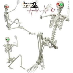 5.4Ft Halloween Skeleton, Posable Life Size Skeleton with Glowing Eyes Creepy Sound, Plastic Skeletons with Movable Joints for Graveyard Prop, Indoor Outdoor Haunted House Party Decor