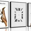 3Pcs Trendy Leopard Canvas Wall Art Vintage Newspaper Leopard Boots Paintings Pictures Fashion Preppy Wall Decor Abstract Clock Prints for Living Room Apartments Dorms Home Decoration 16x24in Unframed