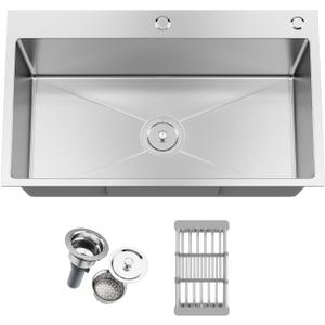 30-inch Single Bowl Workstation Kitchen Sink, Drop-in/Top-Mount Stainless Steel with Nano Coating & Basket Strainer, 30"x18"x9"