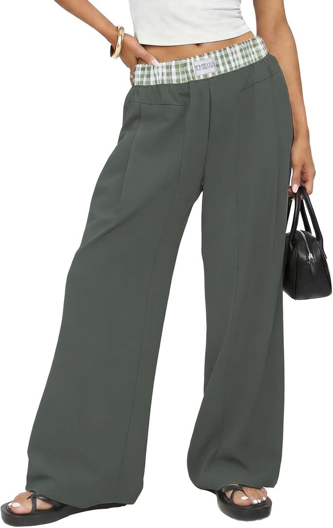 Wide Leg Slacks Pants for Women Pull on High Waisted Business Trousers with 3 Pockets for Casual Office Wear (Gray, XL)