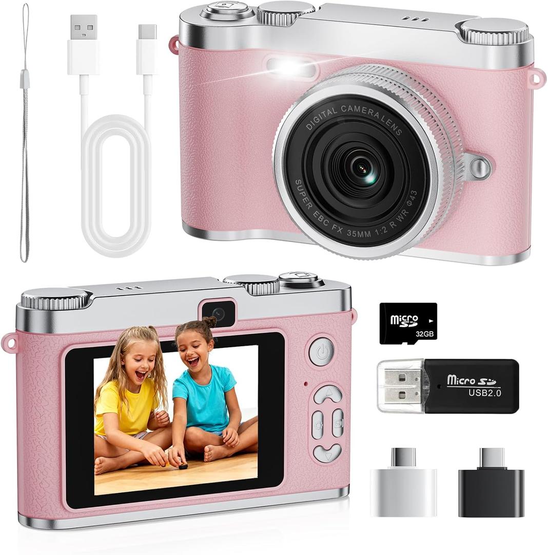 Upgrade Kids Selfie Camera, HD Digital Video Cameras for Toddler, Portable Toy for 3 4 5 6 7 8 Year Old Girl with 32GB SD Card-Pink
