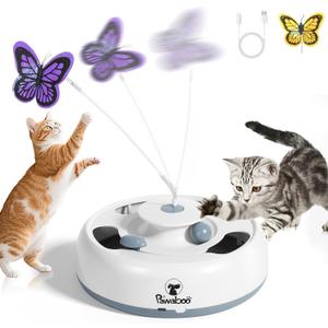 Pawaboo 3-in-1 Automatic Interactive Cat Toy, Electronic Motion Kitten Toy with Fluttering Butterfly Teasers, Track Ball & Random Hide Mouse, USB Rechargeable Cat Teaser Mouse Toys for Indoor Kitties (White+Gray)