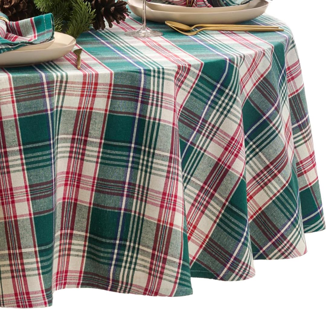 Elrene Home Fashions Holiday Fireside Red & Green Tartan Plaid Christmas/Winter Cotton Tablecloth, 70"x70" Round