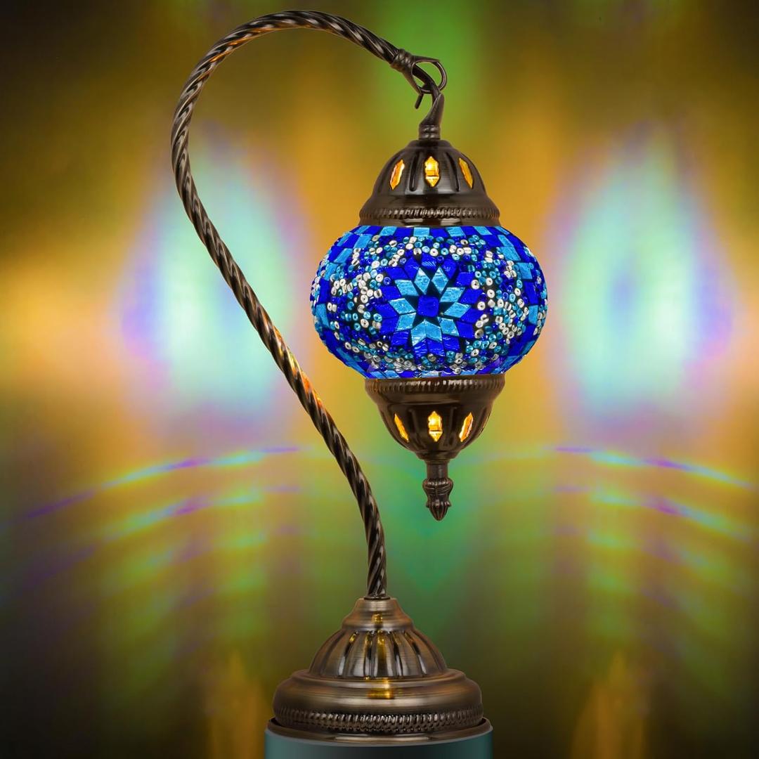 Marrakech Stained Glass Lamp Turkish Moroccan Table Lamp with Vintage Style, Handmade Tiffany Lamps with Mosaic Glass&Swan Neck Bronze Base Including LED Bulb for Living Room Bedroom Decor (Blue1)