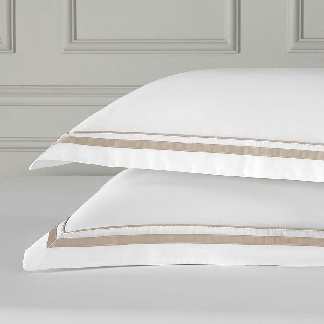 White Euro Pillow Shams Set of 2, 100% Cotton Euro Sham Covers, 26x26+2 | 400TC, Sateen Weave, Envelope Closure, Khaki Piping Flange, Decorative, Luxury Hotel, Soft, Breathable