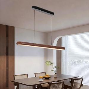 47" Wood Grain Pendant Lights Kitchen Island Lights LED Linear Hanging Light Modern Chandelier for Dining Room Table Dimmable with Remote Control & Memory Function Lighting Fixture, 47.2 Inch