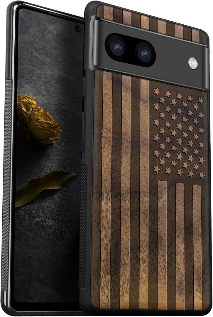 Carveit Wood Case for Pixel 7a - Natural Walnut & Black TPU Shockproof Protective Cover - Unique & Classy American Flag Design (Pixel 7a (6.1 inch))