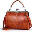 Women Vintage Hollow Handbag Oil Leather Shoulder Crossbody Bag Clutch Satchel Purse with Kiss Lock Closure
