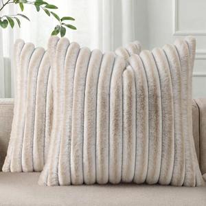 Pallene Faux Fur Plush Throw Pillow Covers 20x20 Set of 2, Luxury Soft Fluffy Striped Decorative Pillow Covers for Sofa, Couch, Living Room, Ombre Beige