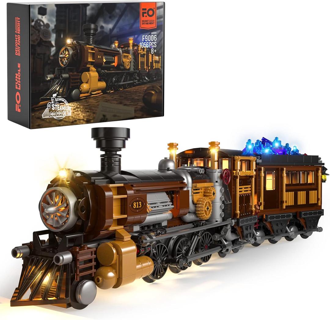 FUNWHOLE Train Lighting Building Bricks Set - Steampunk Ore Train LED Light Building Set 1056 Pieces for Adults and Teens