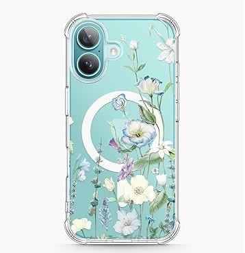 GVIEWIN for iPhone 16 Case 6.1", Shockproof Military-Grade Protection Floral Clear Women Magnetic Cover