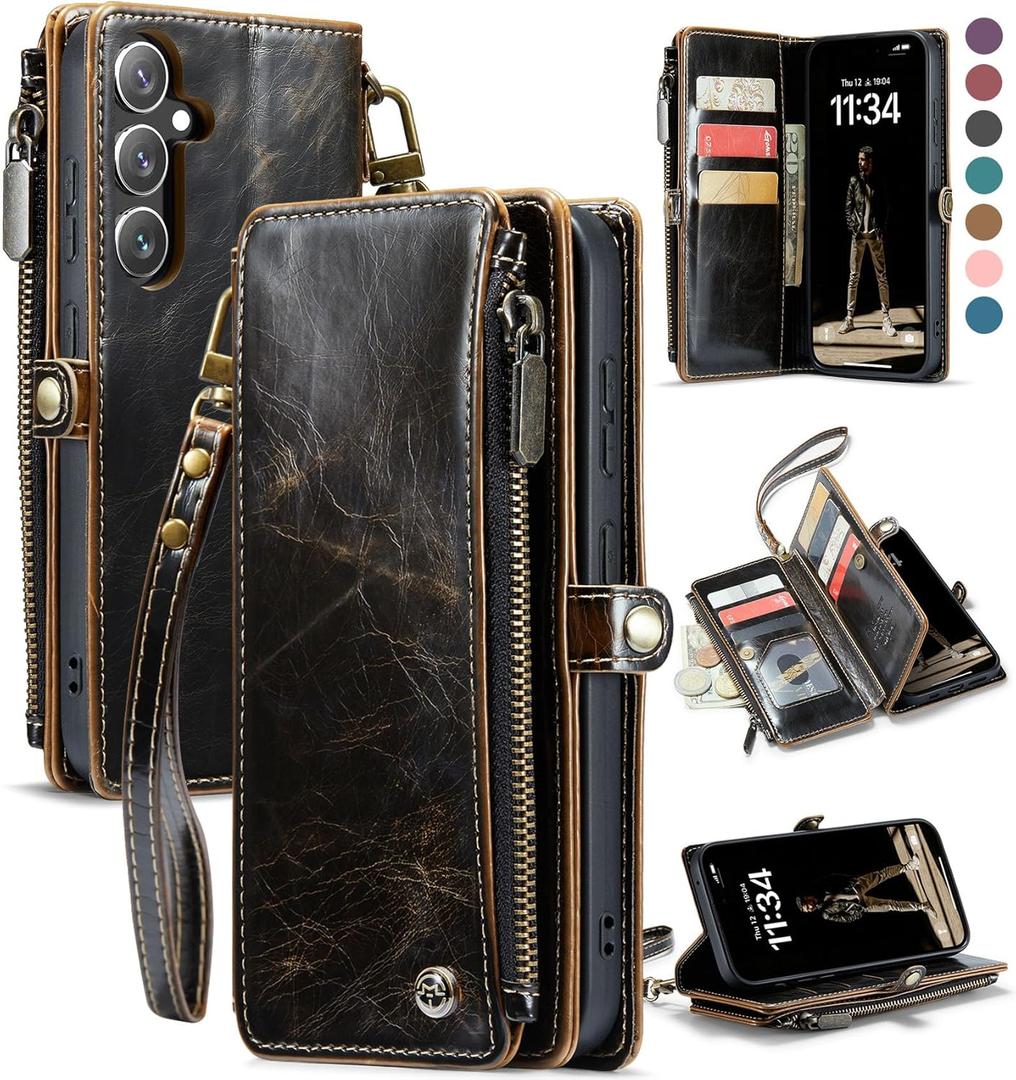 Defencase Compatible with Samsung Galaxy S23 FE 5G Case Wallet with RFID Blocking Card Holder for Women Men, PU Leather Magnetic Snap Flip Zipper Strap Wallet Phone Case Fit for Galaxy S23 FE, Coffee