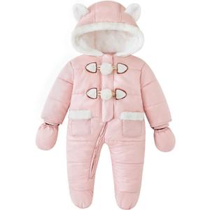 Simplee kids Baby Infant Boys Girls Snowsuit Winter Hooded Footed Warm Jumpsuit Outerwear with Gloves for 3-24 Months (12-18 Months, Light Pink-a)