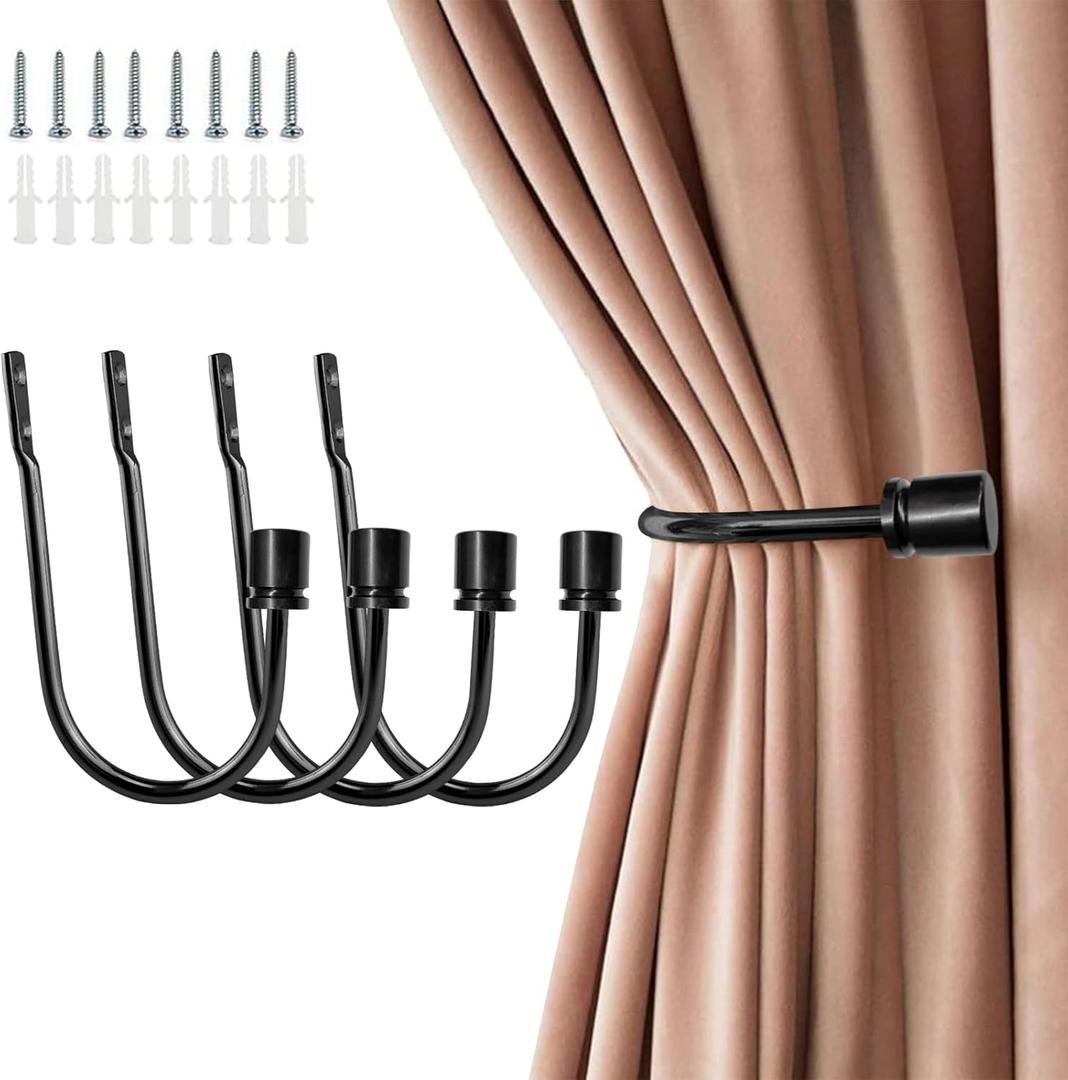 Coolnice Curtain Holdback,4 Pack Wall Mounted Drapery Tiebacks with Screws, Heavy Duty Metal Decorative Window Drapery Holder Curtain Hook U Shape for Home Office,Black
